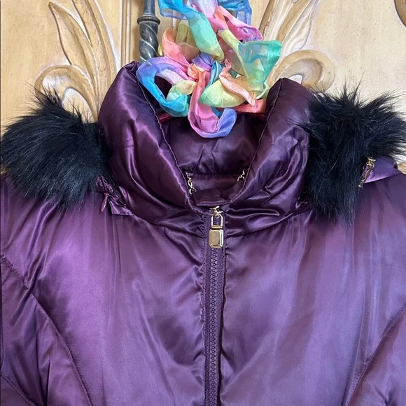 laundry By Shelli Segal Puffer Jacket with Faux Fur Deep Purple & Black - Picture 5 of 13